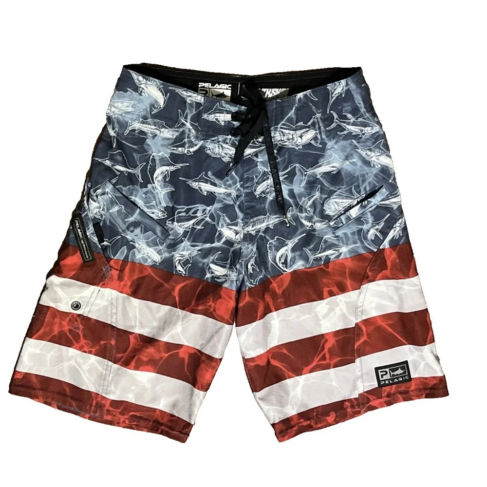 Pelagic Board Shorts Youth Size 25 (L) Sharkskin American Flag Stripe Fishing